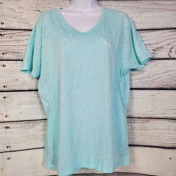 Tribal Jeans Aqua Blue Burnout V-Neck T-Shirt Women’s Medium Lightweight Relaxed - Picture 1 of 5